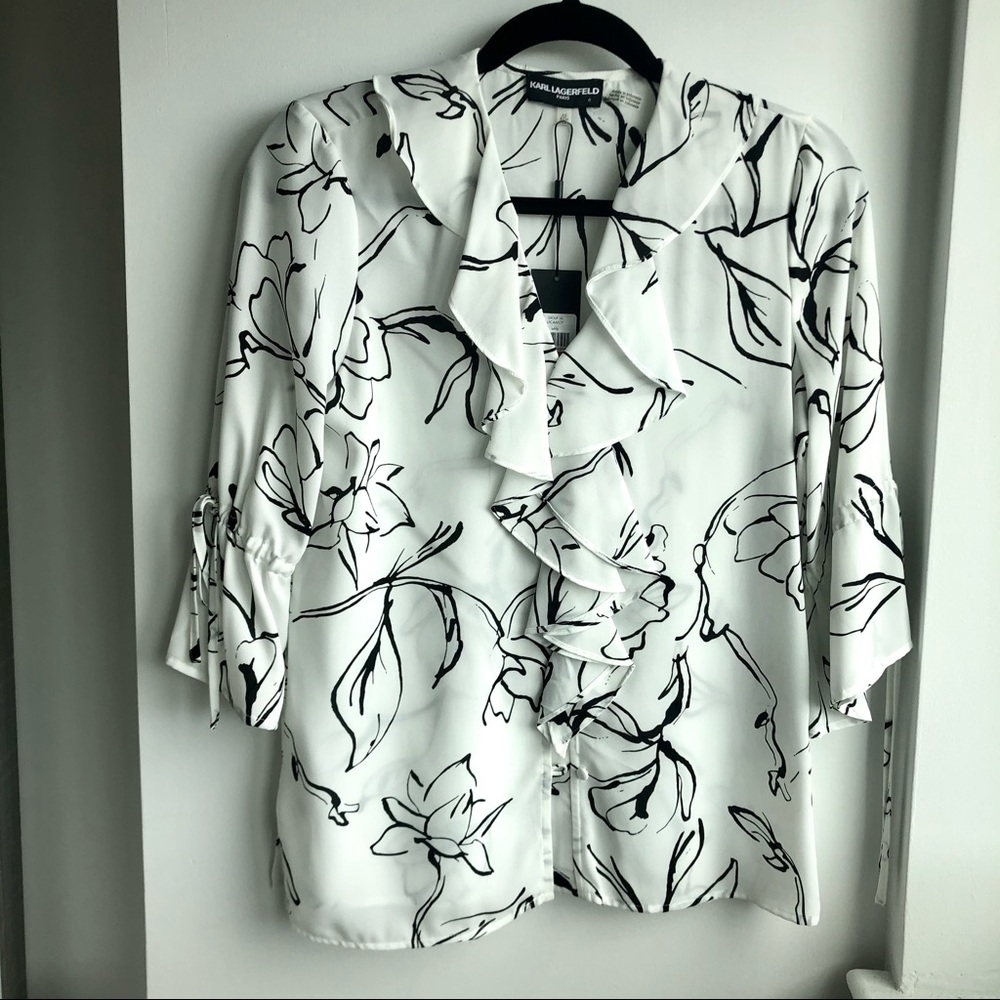NWT Karl Lagerfeld Floral Print Ruffle Frnt Blouse